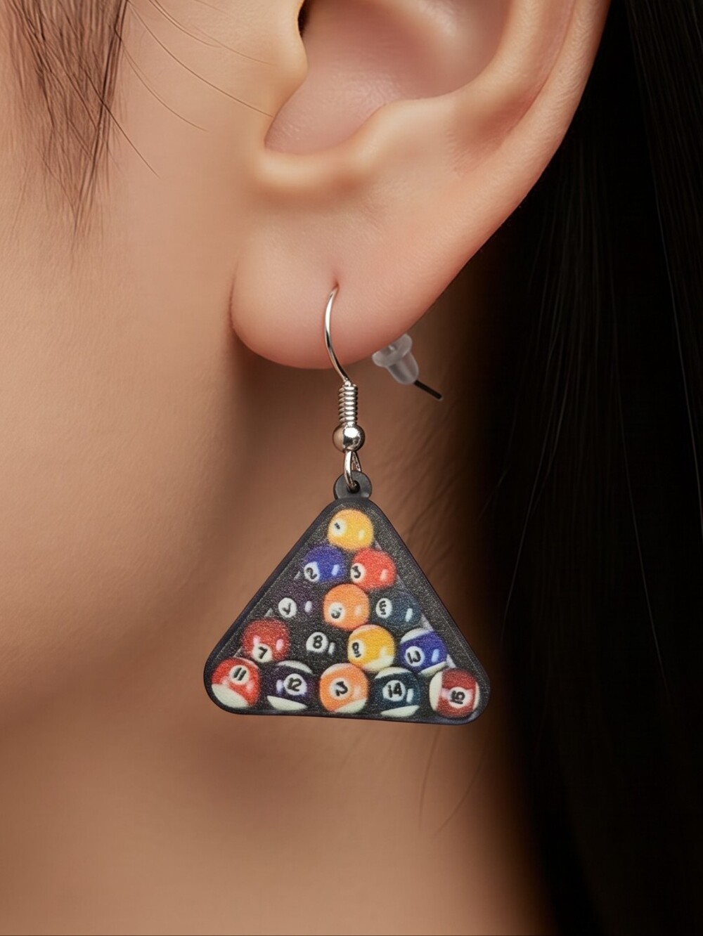 Billiard Earrings 🎱 Pool Table Ball Rack Triangle Shaped Dangle Fun Novelty